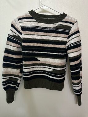 Forever 21 Olive Green and Cream Striped Crewneck Sweater